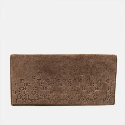 Pre-owned Ch Carolina Herrera Brown Monogram Suede Long Wallet