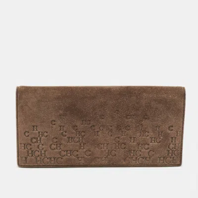 Ch Carolina Herrera Brown Monogram Suede Long Wallet