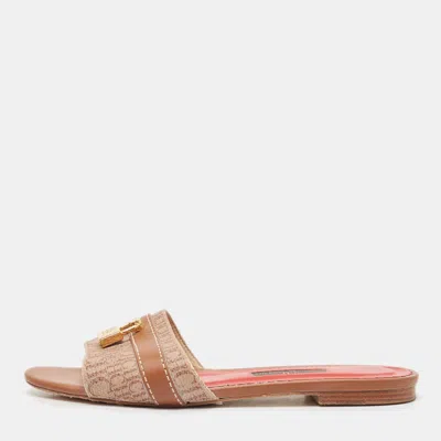Pre-owned Ch Carolina Herrera Brown Signature Canvas And Leather Lock Flat Slides Size 38