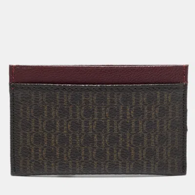 Pre-owned Ch Carolina Herrera Brown/burgundy Monogram Coated Canvas And Leather Card Holder
