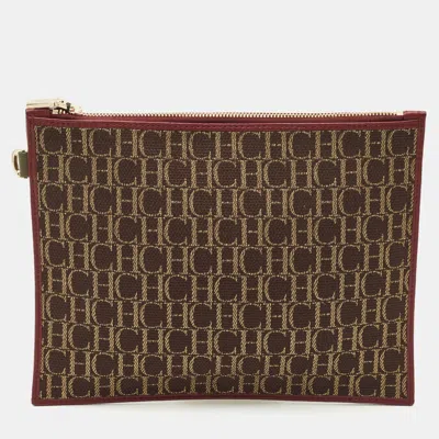 Pre-owned Ch Carolina Herrera Brown/gold Monogram Canvas Pouch