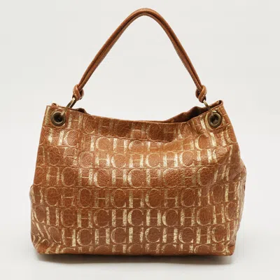 Pre-owned Ch Carolina Herrera Brown/gold Monogram Leather Hobo