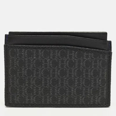 Pre-owned Ch Carolina Herrera Brown/grey Monogram Coated Canvas And Leather Card Holder In Black