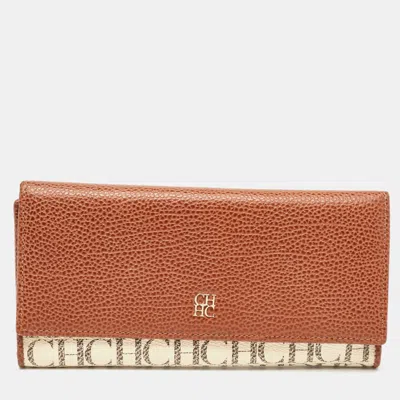 Ch Carolina Herrera Brown/white Monogram Leather Flap Continental Wallet In Blue