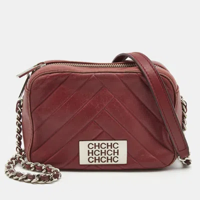 Pre-owned Ch Carolina Herrera Burgundy Chevron Leather Logo Camera Crossbody Bag