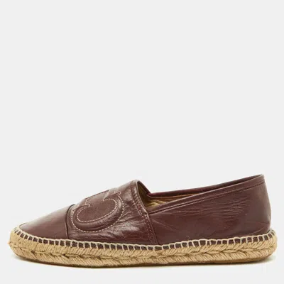 Ch Carolina Herrera Burgundy Leather Initials Insignia Espadrille Flats In Brown