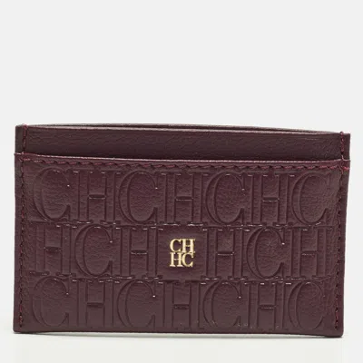 Pre-owned Ch Carolina Herrera Burgundy Monogram Embossed Leather Card Holder