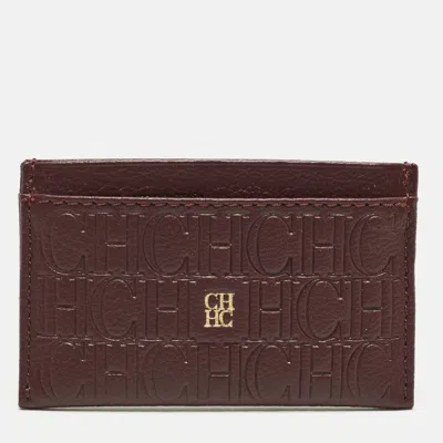 Pre-owned Ch Carolina Herrera Burgundy Monogram Embossed Leather Card Holder