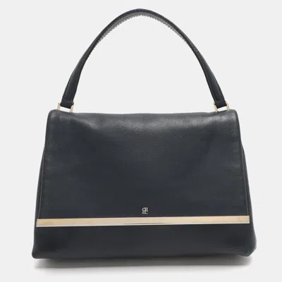 Ch Carolina Herrera Camelot Blue Leather Top Handle Bag In Black