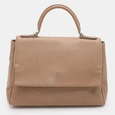 Ch Carolina Herrera Carolina Herrera Beige Leather Minuetto Flap Top Handle Bag In Brown