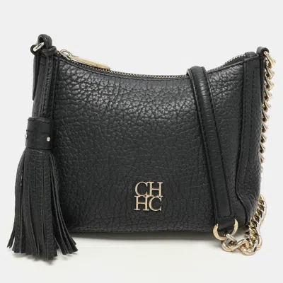 Pre-owned Ch Carolina Herrera Carolina Herrera Black Leather Chain Tassel Shoulder Bag