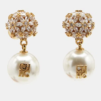 Pre-owned Ch Carolina Herrera Carolina Herrera Ch Crystals Faux Pearl Gold Tone Earrings