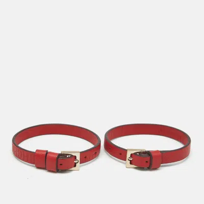 Pre-owned Ch Carolina Herrera Carolina Herrera Ch Red Logo Gold Tone Leather Bracelet Set Of 2