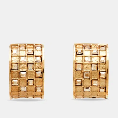 Pre-owned Ch Carolina Herrera Carolina Herrera Crystal Checkered Pattern Gold Tone Hoop Earrings
