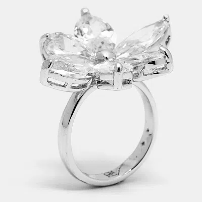 Pre-owned Ch Carolina Herrera Carolina Herrera Crystal Jasmine Silver Tone Ring Size 54