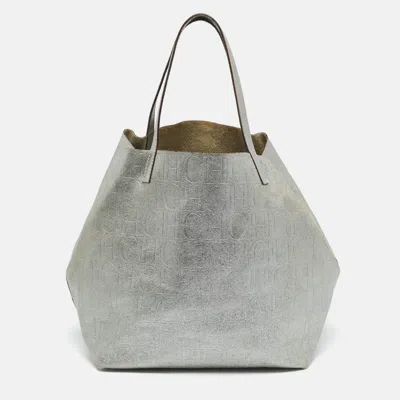 Pre-owned Ch Carolina Herrera Carolina Herrera Matryoshka Metallic Grey Monogram Leather Tote In Gray