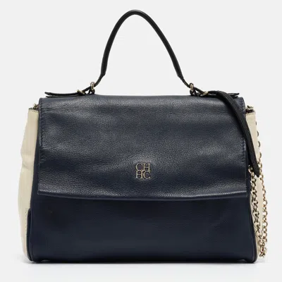 Pre-owned Ch Carolina Herrera Carolina Herrera Navy Blue/white Leather Minuetto Top Handle Bag