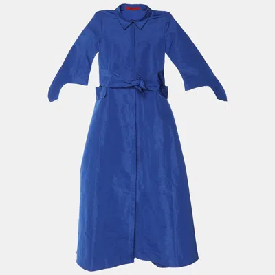Pre-owned Ch Carolina Herrera Carolina Herrera Royal Blue Taffeta Pocketed Flared Shirt Dress M