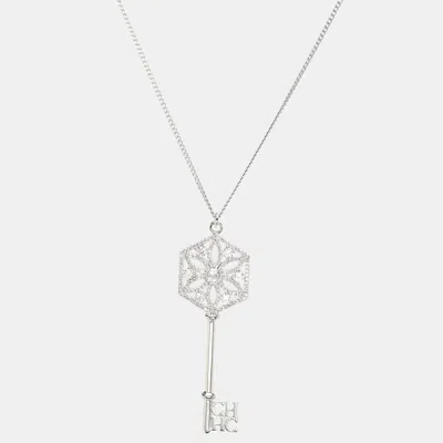 Pre-owned Ch Carolina Herrera Carolina Herrera Silver-tone Crystal Key Pendant Necklace