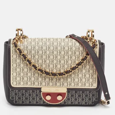Pre-owned Ch Carolina Herrera Choco Brown/cream Monogram Print Leather Flap Shoulder Bag