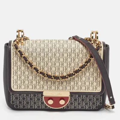 Ch Carolina Herrera Choco Brown/cream Monogram Print Leather Flap Shoulder Bag