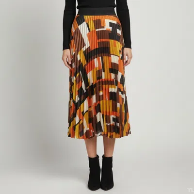 Pre-owned Ch Carolina Herrera Colour Block Abstract Print Satin Plisse Midi Skirt L In Multi