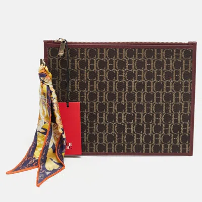 Pre-owned Ch Carolina Herrera Continental Brown/burgundy Monogram Canvas And Leather Pouch