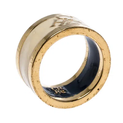 Ch Carolina Herrera Cream Enamel Gold Tone Band Ring In Red