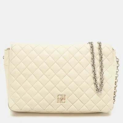 Pre-owned Ch Carolina Herrera Cream Quilted Leather Flap Crossbody Bag In White