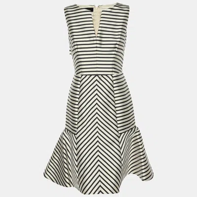 Pre-owned Ch Carolina Herrera Cream/black Striped Cotton Blend Sleeveless Midi Dress M