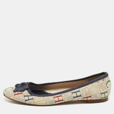 Pre-owned Ch Carolina Herrera Cream/blue Monogram Canvas Bow Ballet Flats Size 39