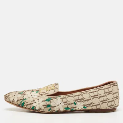 Ch Carolina Herrera Cream/brown Monogram Canvas Ballet Flats