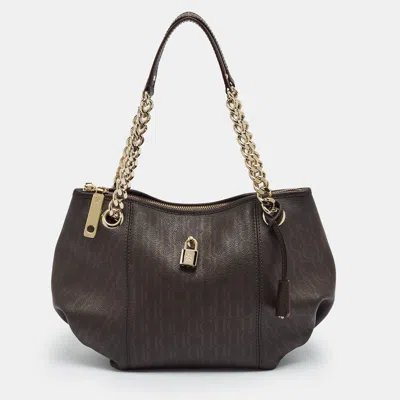 Pre-owned Ch Carolina Herrera Dahlia Dark Brown Monogram Coated Canvas Hobo