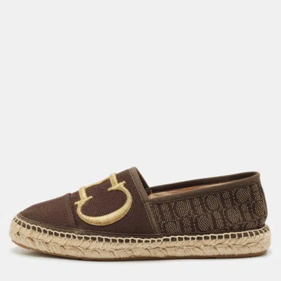 Pre-owned Ch Carolina Herrera Dark Brown Canvas Logo Espadrille Flats Size 38