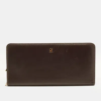 Pre-owned Ch Carolina Herrera Dark Brown Leather Long Wallet