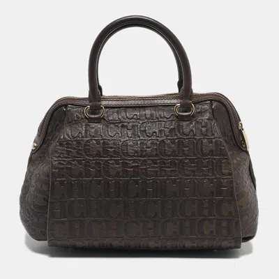 Pre-owned Ch Carolina Herrera Dark Brown Monogram Embossed Leather Frame Satchel