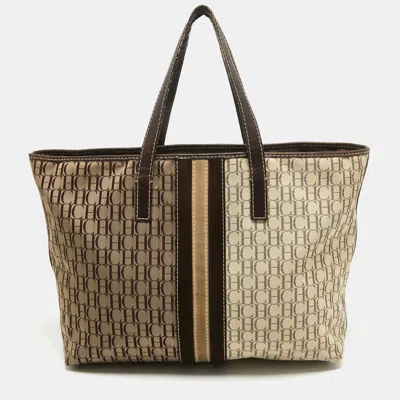 Ch Carolina Herrera Dark Brown/two Tone Beige Monogram Canvas Shopper Tote