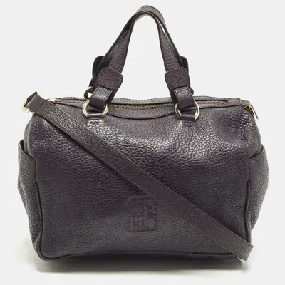 Pre-owned Ch Carolina Herrera Dark Purple Grained Leather Boston Bag