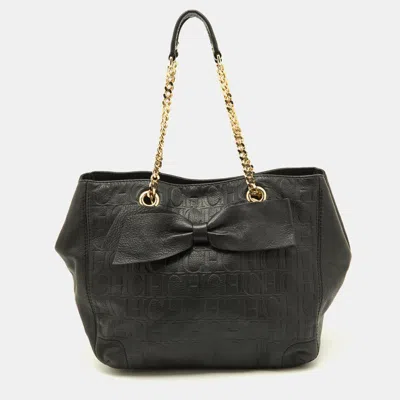 Ch Carolina Herrera Embossed Leather Bow Shoulder Bag In Black
