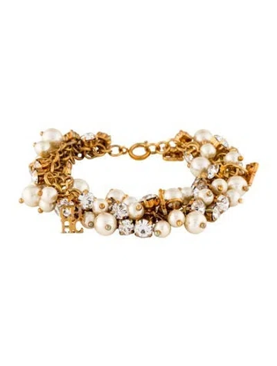 Pre-owned Ch Carolina Herrera Faux Pearl & Crystal Bracelet, 7.5" In White
