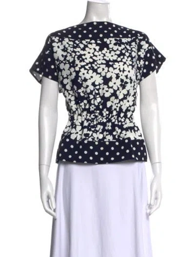 Pre-owned Ch Carolina Herrera Floral Print Crew Neck Blouse In Blue