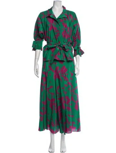 Pre-owned Ch Carolina Herrera Floral Print Pleated Accents Pant Set In Green