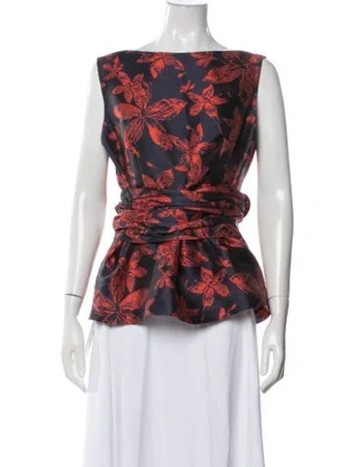 Pre-owned Ch Carolina Herrera Floral Print Square Neckline Blouse In Blue