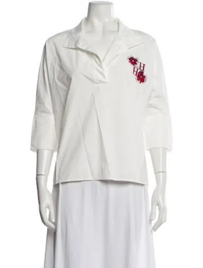 Pre-owned Ch Carolina Herrera Floral Print Three-quarter Sleeve Blouse In White