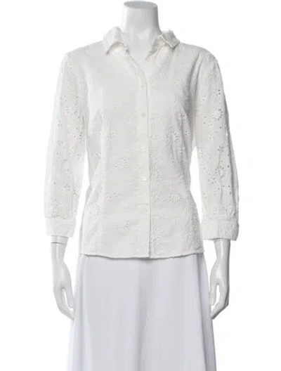 Pre-owned Ch Carolina Herrera Floral Print Three-quarter Sleeve Top In White