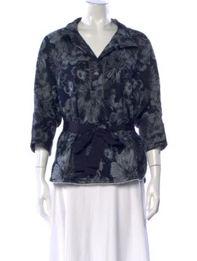 Pre-owned Ch Carolina Herrera Floral Print V-neck Blouse In Blue