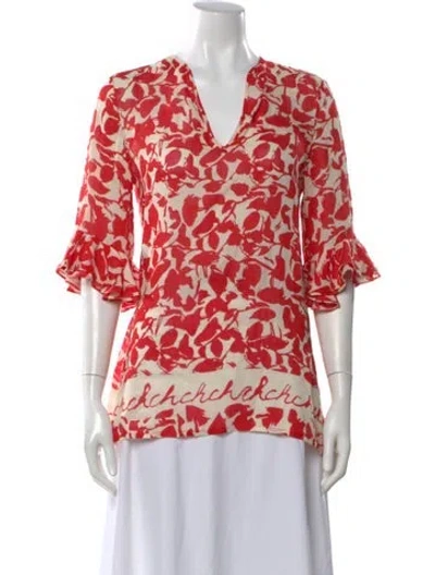 Pre-owned Ch Carolina Herrera Floral Print V-neck Blouse In Red