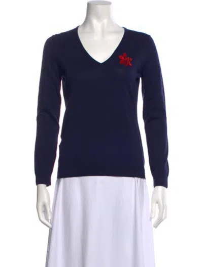 Pre-owned Ch Carolina Herrera Floral Print V-neck Sweater In Blue
