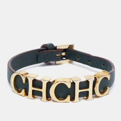 Ch Carolina Herrera Forest Green Leather Logo Charms Wrap Bracelet In Black