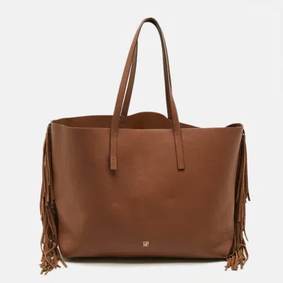 Ch Carolina Herrera Fringe Brown Leather Shopper Tote